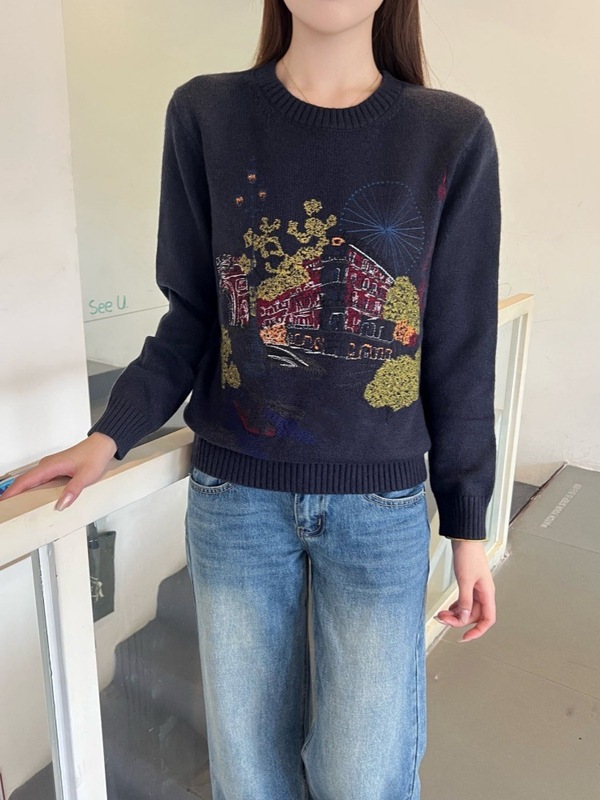2025 初秋の新スタイル Nanyou Haute Couture D+ ファッション重工業建築植物刺繍ラウンドネックルーズ長袖セーター|undefined