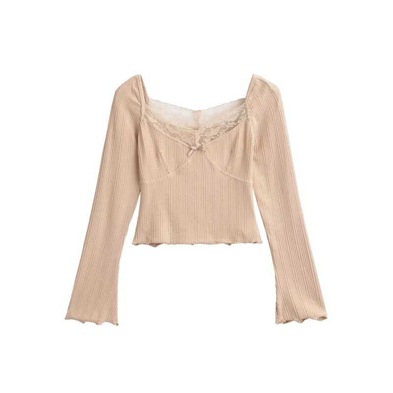 Pure Lust Style Sweet and Spicy Lace Square Collar Bow Decorated Slightly Flared Long-Sleeved T-Shirt Autum Slim Short Bottoming Top for Women