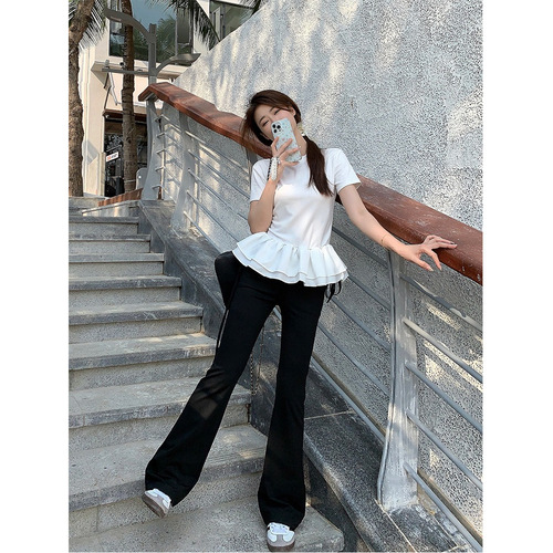 Small-sized puffed lace patchwork faux two-piece short-sleeved T-shirt for women, spring/summer style, with ruffled design and round neckline, figure-hugging top