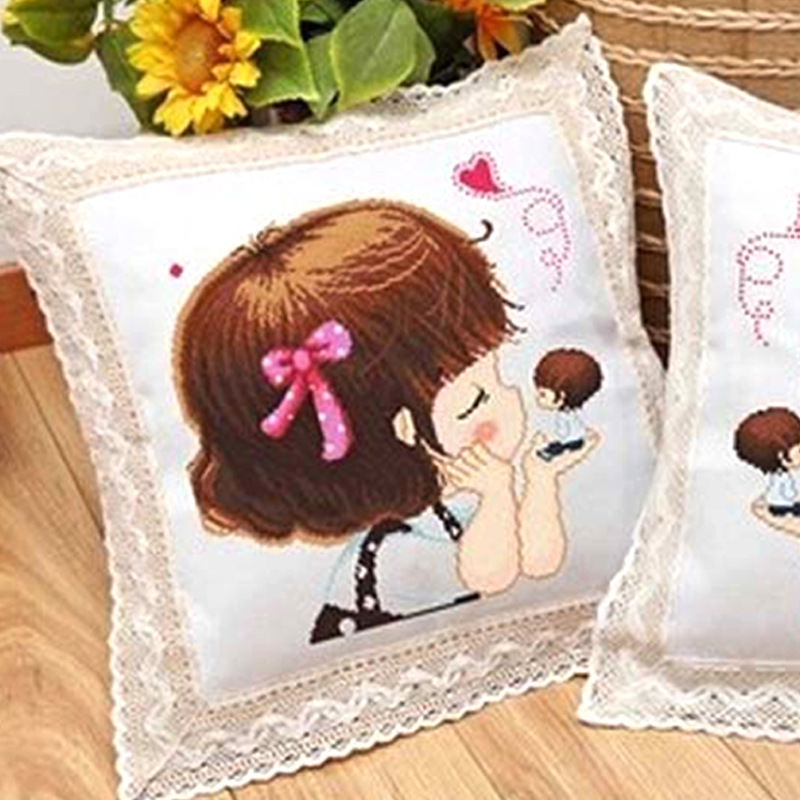 Bordado DIY punto de cruz almohada hecha a mano sala de estar almohada cojín de la boda Lu Bordado pareja de dibujos animados impreso almohada Coche