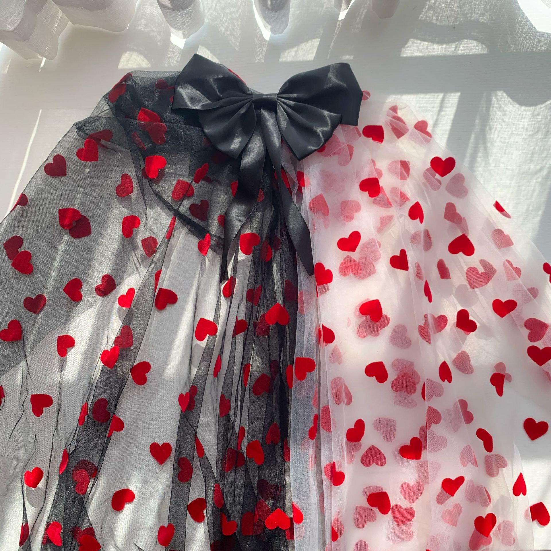Diamante malla flocado melocotón corazón amor hilo de flocado ropa para niños Hanfu Lolita mantel tela en stock suministro directo