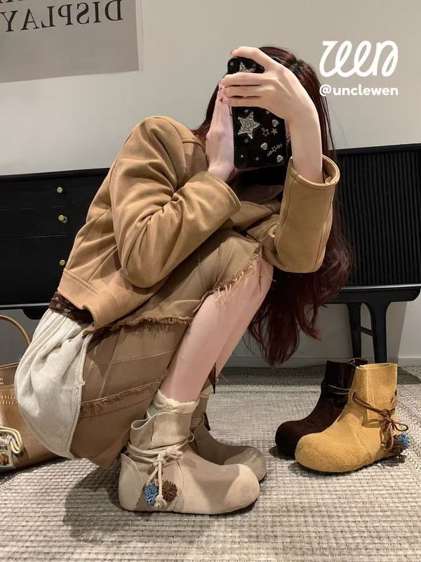 时尚流苏蝴蝶结粗跟短靴女2025秋冬复古风新款绒面气质百搭时装靴|undefined