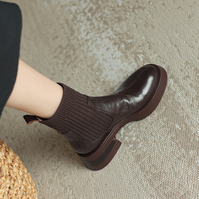 2025 Autumn/Winter New Arrivals: Super Comfortable ~ Genuine Leather French Slim Boots for Women, Autumn/Winter Chelsea Popular Short Boots with Elastic Socks