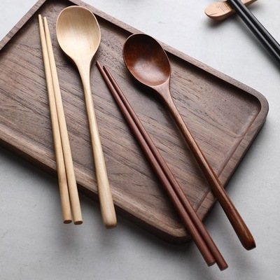 woodiness Spoon originality tableware suit student Portable chopsticks Japanese Retro travel Storage tableware Cloth bag