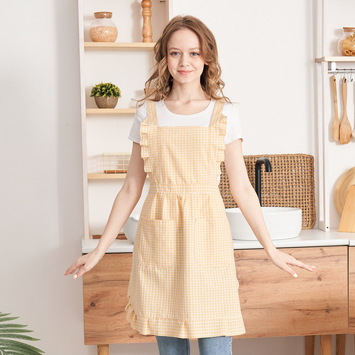 2025 Gingham Cotton Kitchen Apron Household Cooking Dining Special Purpose Commercial Nail Salon Workwear Fashion Women