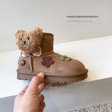 卡通小熊儿童雪地靴冬季女童棉鞋大棉加绒加厚女孩棉靴保暖小花鞋
