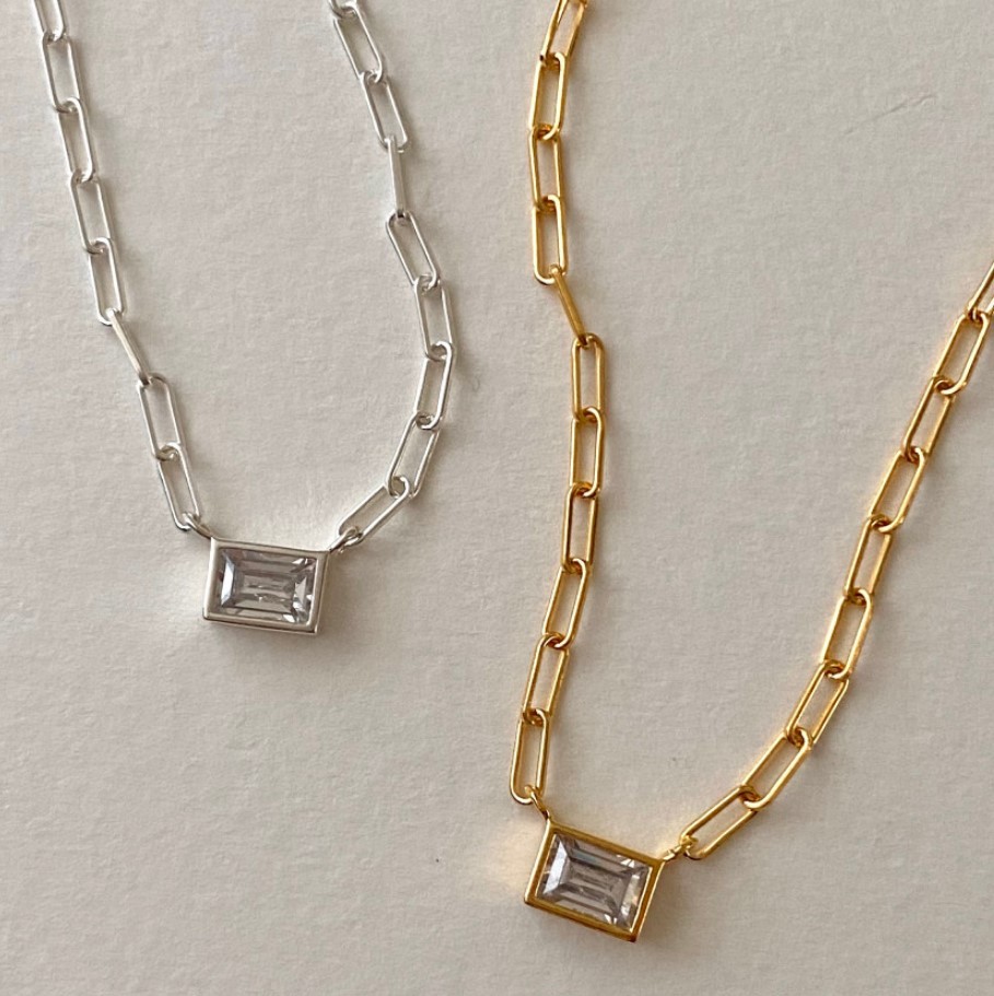 Daily Occasion 925 Sterling Silver Material 925 Sterling Silver Zircon Paperclip Chain Inlay Rectangle Necklace