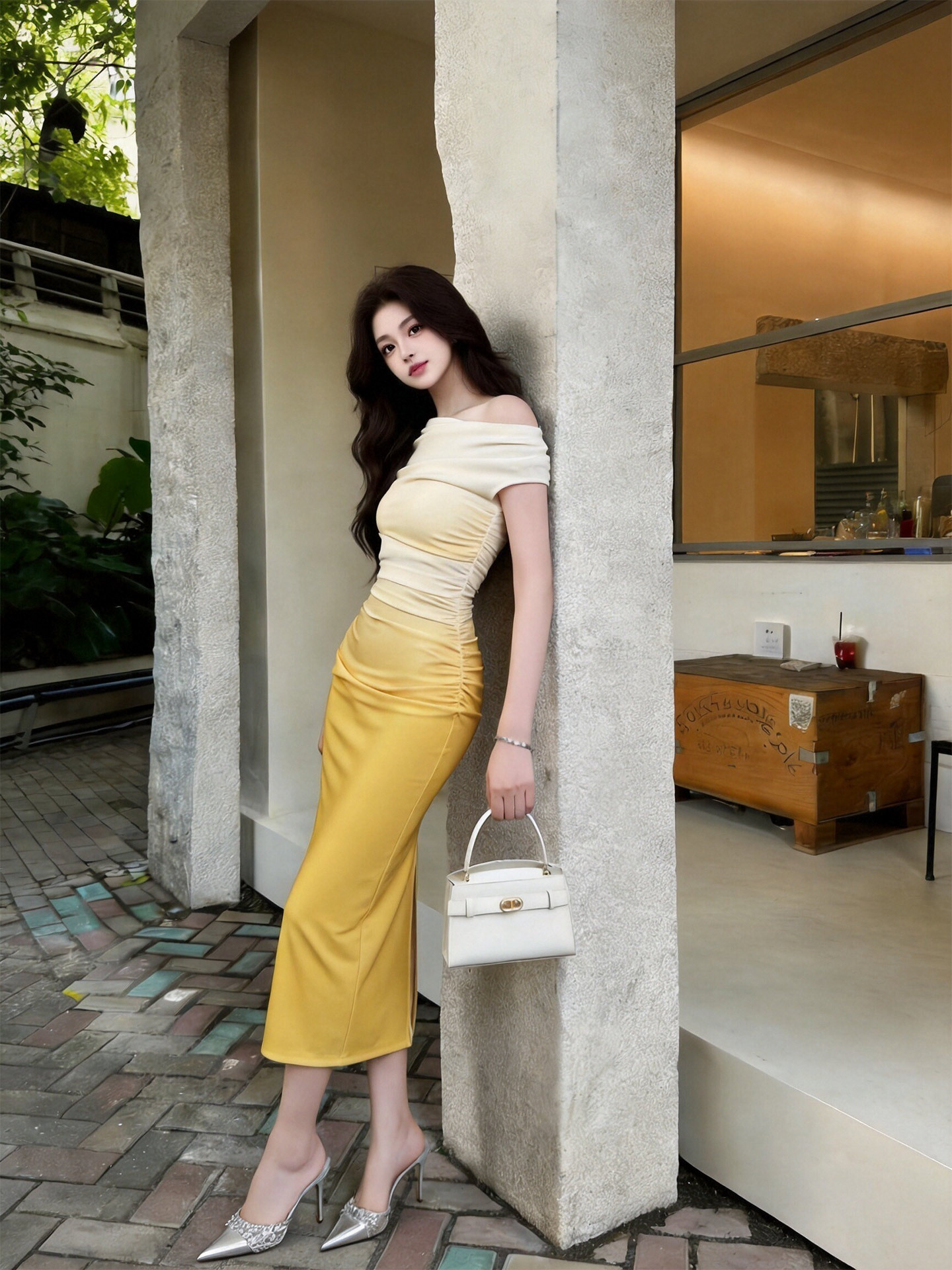 Váy đuôi cá cổ chữ nhất tay lệch, thắt lưng xếp ly, dáng ôm body, dài midi — Chanh vàng nhạt
