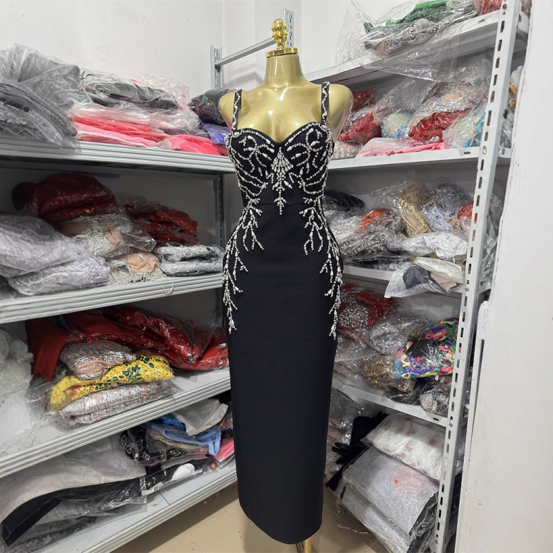 Elegant Temperament Sling dress Heavy-duty Seam Beads Slim-fit Elastic Bandage Skirt Mid-length Banquet Party Evening Dress Elegant Temperament Sling dress Heavy-duty Seam Beads Slim-fit Elastic Bandage Skirt Mid-length Banquet Party Evening Dress