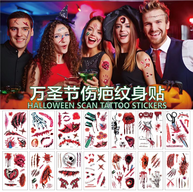 New Halloween Scary Scar Blade Bleeding Tooth Marks Scratches Stitch Wound Scar Party Temporary Tattoo Sticker