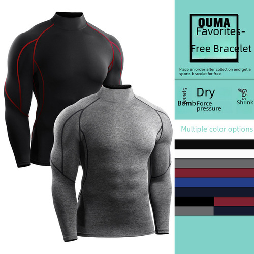 Autumn and Winter Men's High-Neck Tight Fit Long-Sleeve Elastic Quick-Dry Compression Basketball Fitness Top Running Training Base Layer Shirt