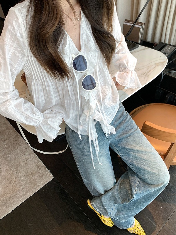 セナホリデー* フリル刺繍シャツ レディース 夏 薄手 日焼け止め 空調シャツ ショート白シャツ|undefined