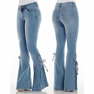 H 55016 Tie Waist Stretch Flared Jeans ϵ����������ѝ �羳��