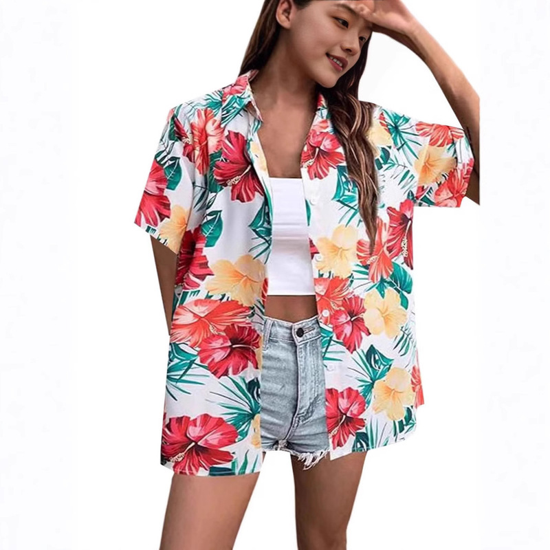 2025 European and American 3D Digital Printing Short-Sleeved Shirt Women's Hawaiian Shirt Soft and Cool Floral Tropical Shirt