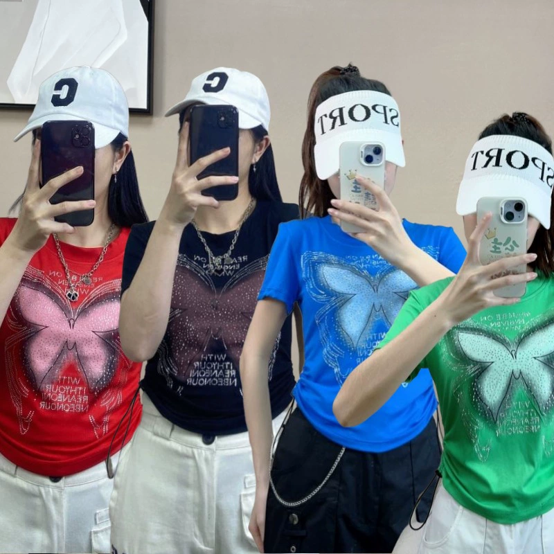 Горячими бриллиантами бабочка с короткими рукавами футболка женская летняя 2024 новая стройная стройная мода