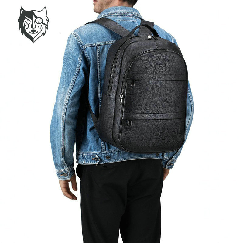 Men's Cowhide 14 Inch Schoolbag Simple Fashion Men's Genuine Leather Backpack Travel to School Commuter Backpack