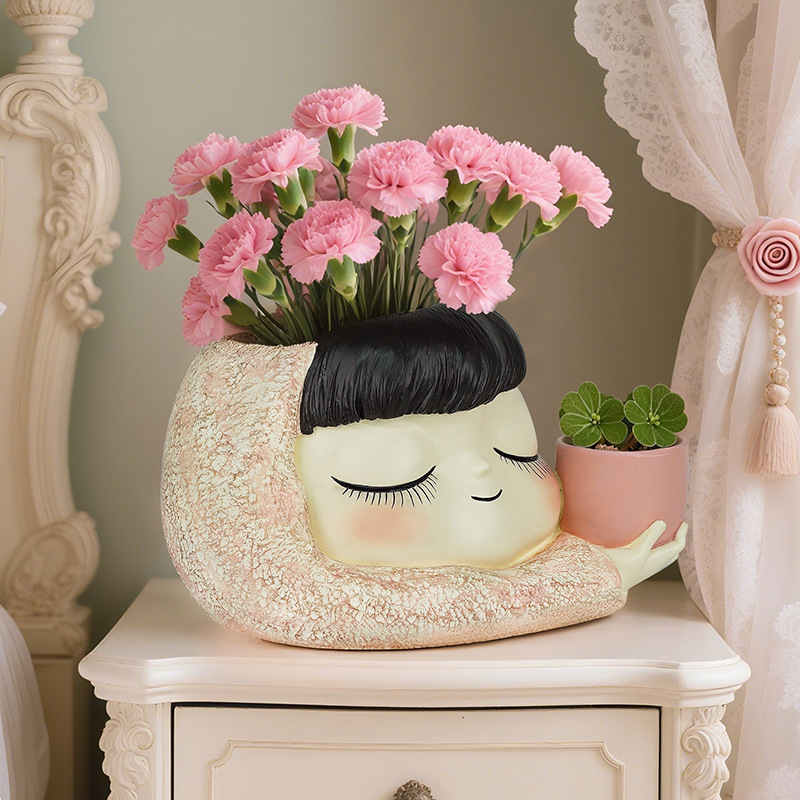 Hot-Selling Nordic Ins Style Sleeping Girl Holding Cup Double-Hole Flower Pot Home Desktop Creative Resin Decoration