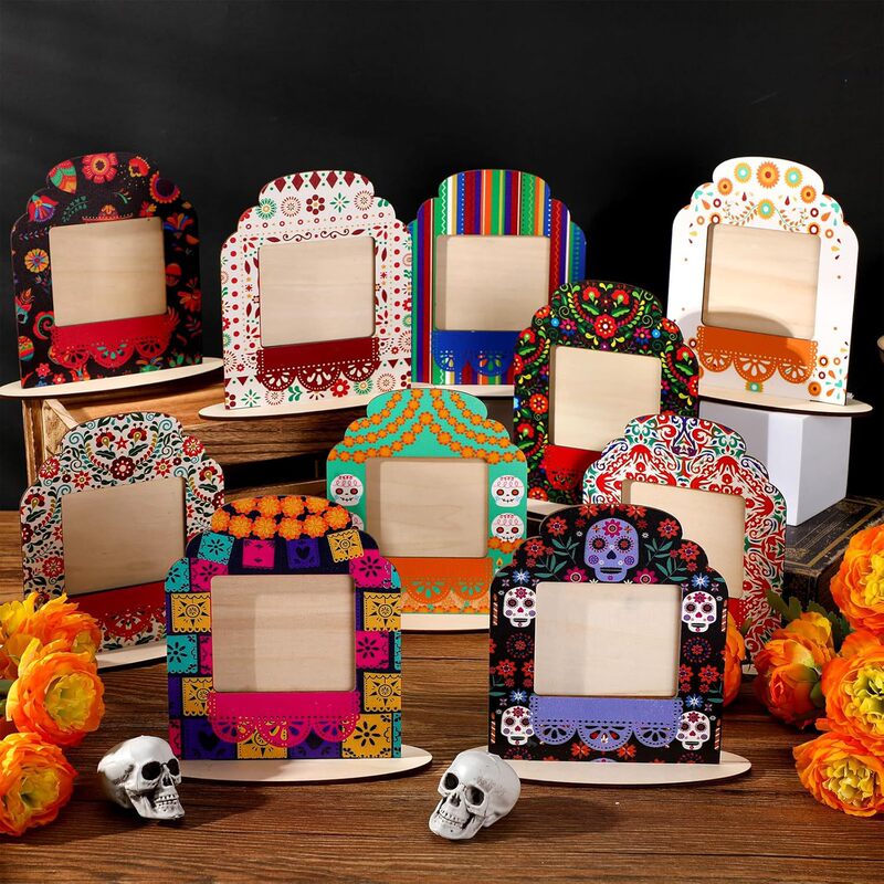 Altar Day of the Dead Decorations: Altar Wooden Photo Frame Set in Marigold and Skull Style, Can Hold Day of the Dead Candles