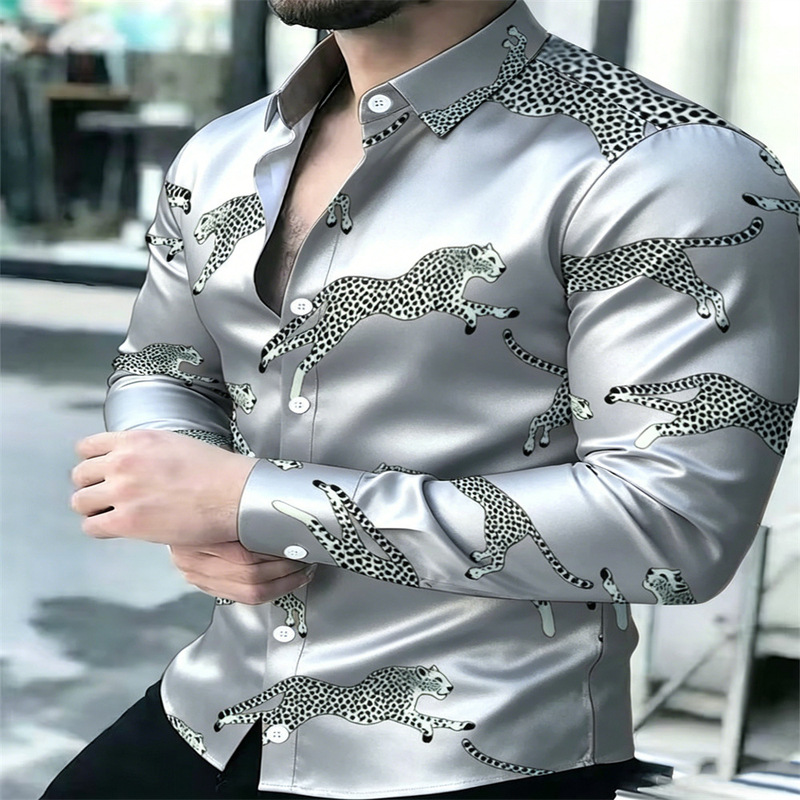 Direct from the factory, men's casual satin long-sleeve shirt with full cheetah print, slim fit, turn-down collar, available for export and dropshipping Direct from the factory, men's casual satin long-sleeve shirt with full cheetah print, slim fit, turn-down collar, available for export and dropshipping