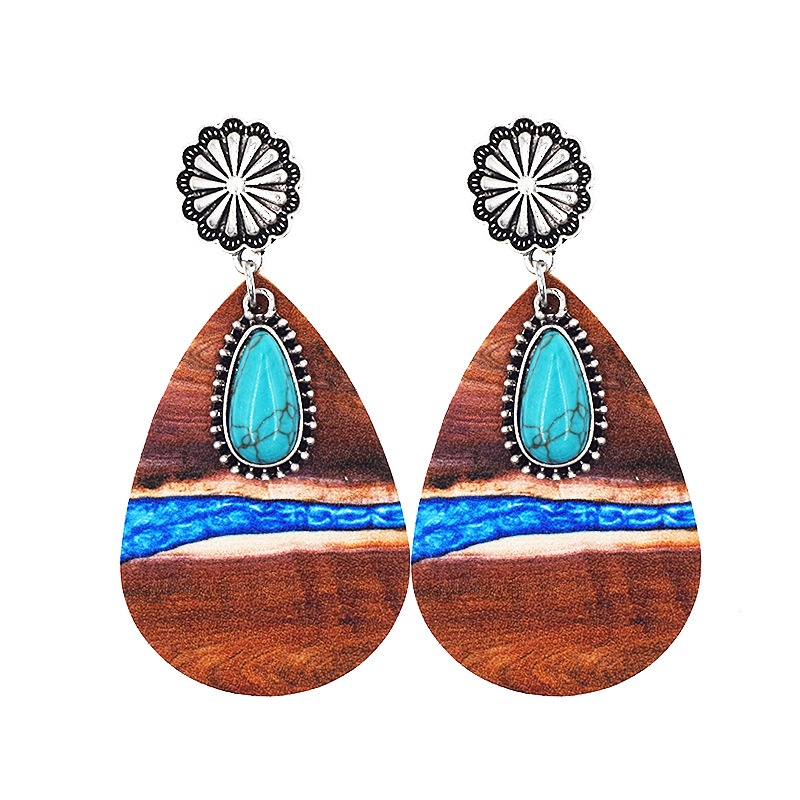 1 Pair Fashion Color Block Water Droplets Pu Leather Alloy Patchwork Turquoise Women's Chandelier Earrings display picture 3