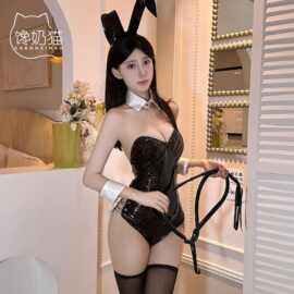 馋奶猫情趣内衣纯欲诱惑兔女郎漆皮连体性感免脱制服睡衣套装X45