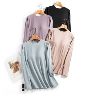 New autumn and winter women's one-piece long-sleeved T-shirt with chest pad, solid color round neck, casual bottoming shirt for autumn and winter