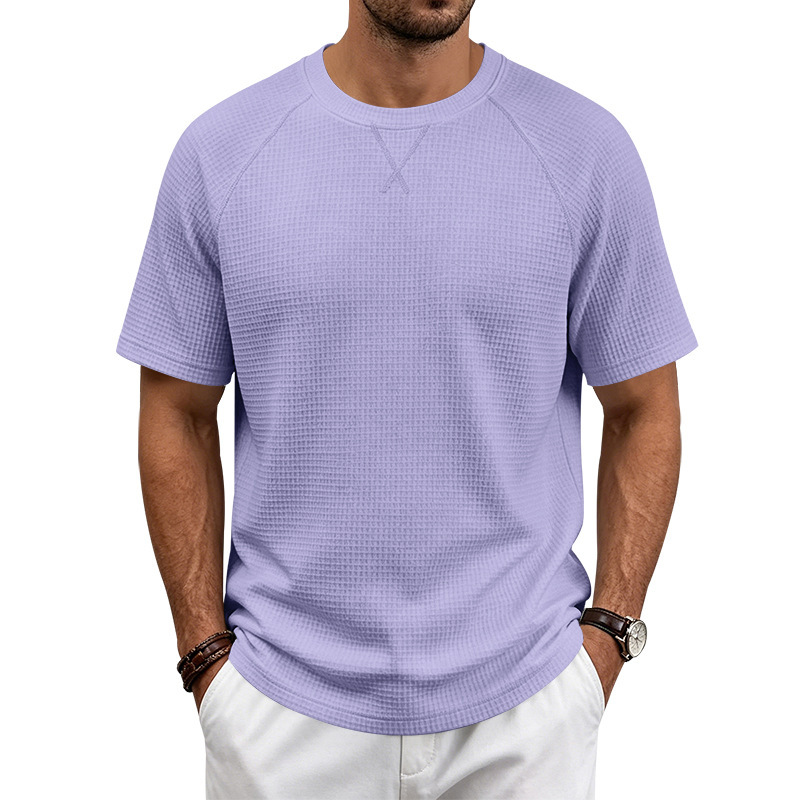 Men's Waffle Knit Short Sleeve T-Shirt, Breathable Textured Cotton-Like Fabric, Relaxed Fit Casual Tee For Summer_viptrois.com