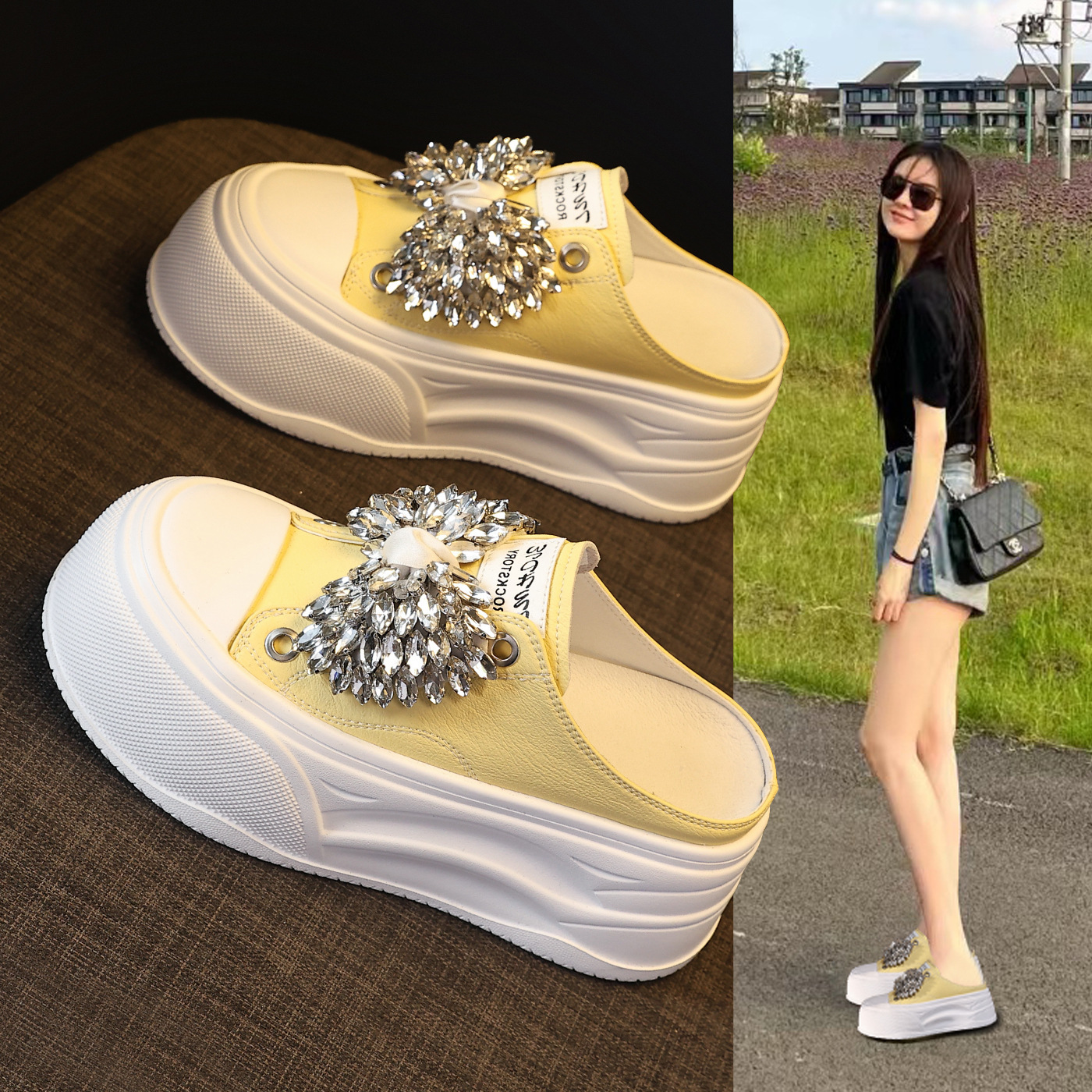 Dép nữ đế dày tăng chiều cao mũi trùm đính đá phong cách casual — màu đen, màu trắng, màu vàng