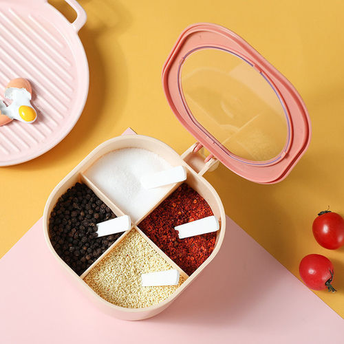 Set of 4-in-1 kitchen seasoning boxes with spoon, divided compartments, and lids