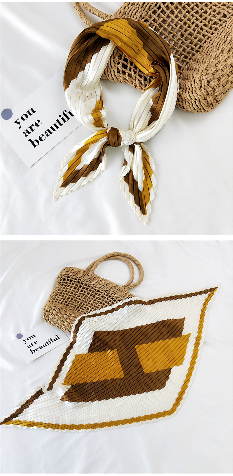 45g Weight Silk Scarf Classification Travel Occasion Silk Material Unisex Gender Sweet Style Khaki, Grey, White, Red, Green, Blue, Yellow, Black Color Korean Pleated Silk Square Scarf 20