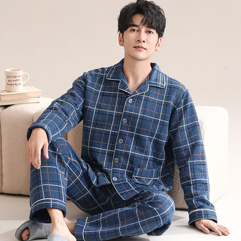 Algodón sándwich calentador hombre pijama otoño invierno engrosado de mediana edad manga larga aire algodón conjunto de ropa para el hogar