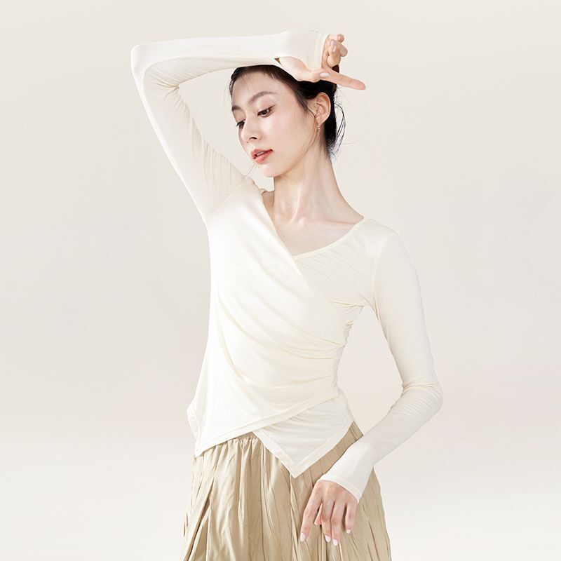 Yoga Wear Long-Sleeved Shirt, Feminine Collar, Modern Dance Slit, Slim-Fitting Exercise Clothes, Niche Chic Fingerless Tops Wholesale Yoga Wear Long-Sleeved Shirt, Feminine Collar, Modern Dance Slit, Slim-Fitting Exercise Clothes, Niche Chic Fingerless Tops Wholesale