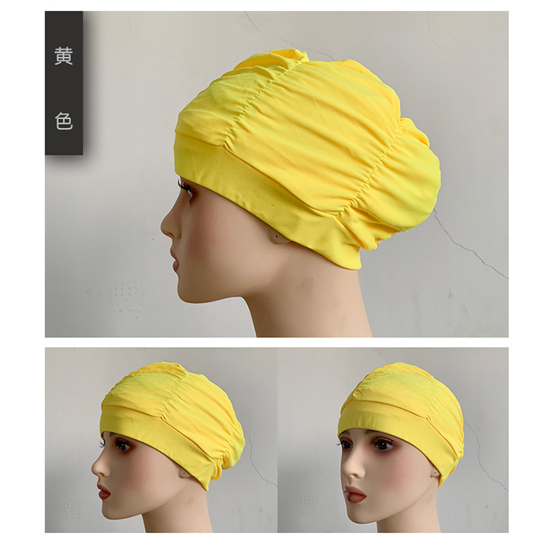 Fábrica al por mayor plisado paño gorro de natación extra grande circunferencia de la cabeza no apretado Pelo Largo oído protección natación caliente primavera unisex gorro de natación