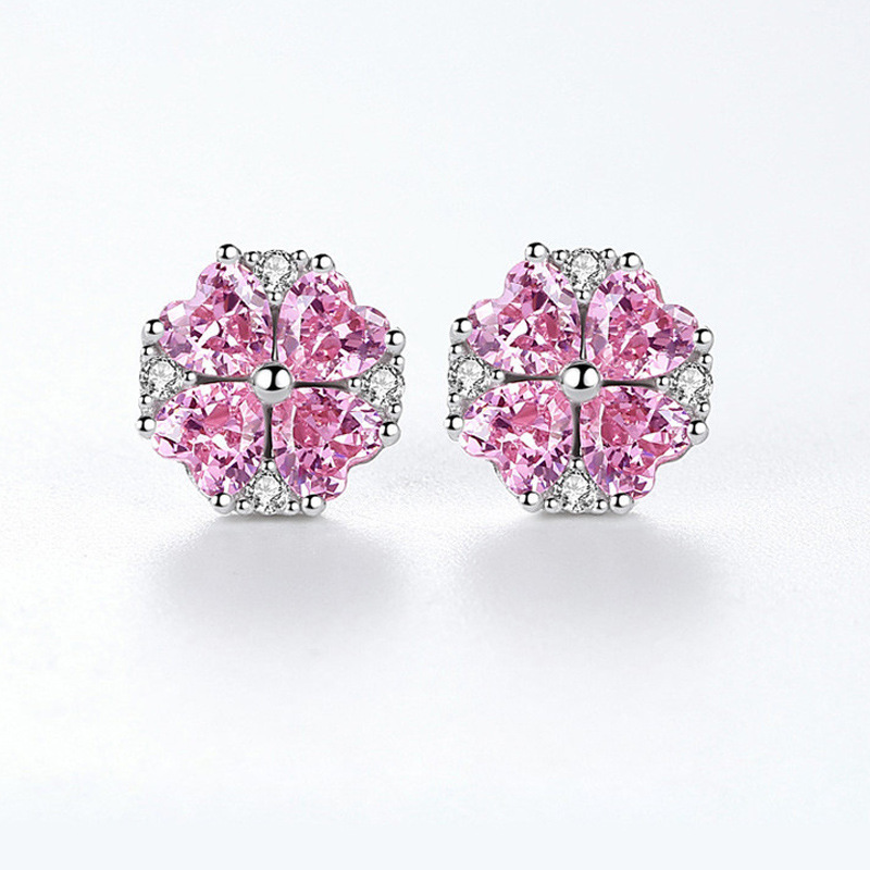 E18 pink heart-shaped four-leaf clover earrings