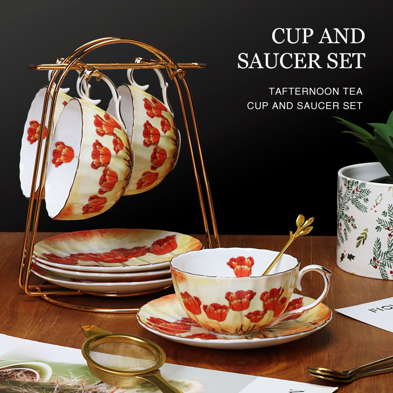 Juego de tazas y platillos de café de cerámica exquisita floral, porcelana de hueso de alto valor, juego de té de la tarde de estilo europeo, caja de regalo, productos de cola de exportación