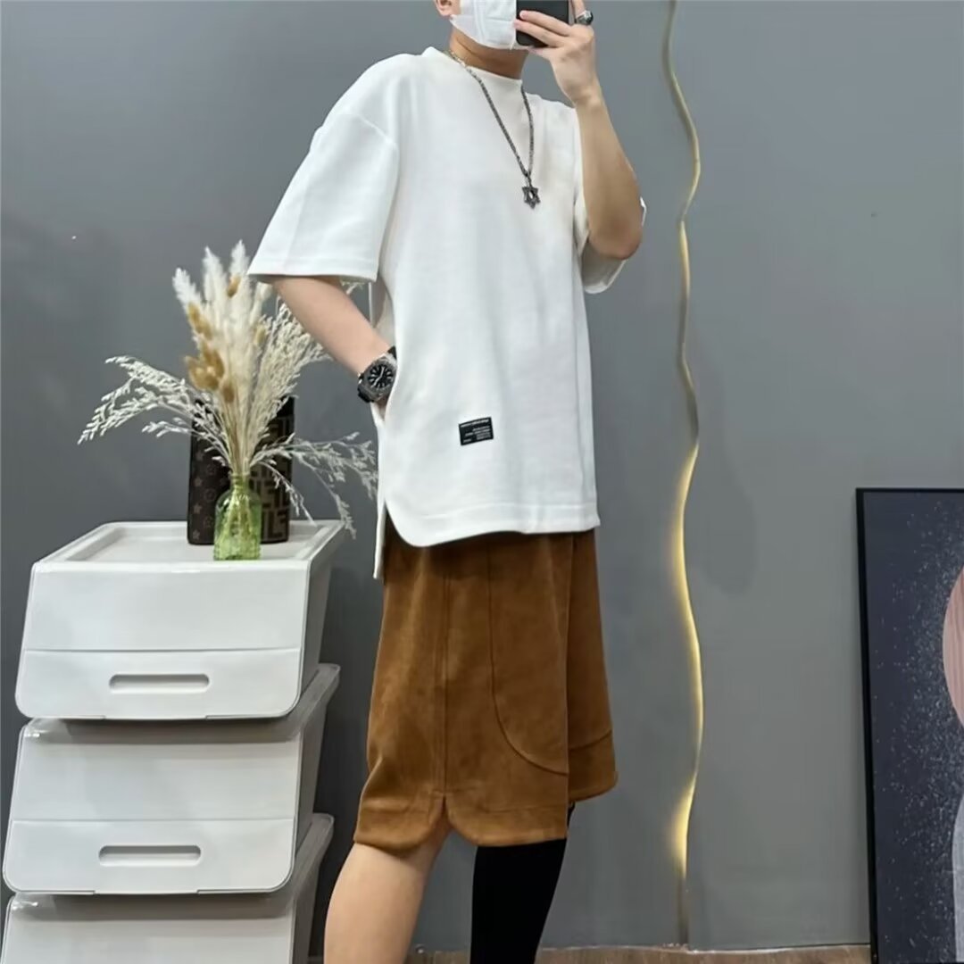 Men's Clothing Hidden pocket heavy waffle men's short sleeved round neck summer solid color loose large size T shirt cool and breathable_voghion.com