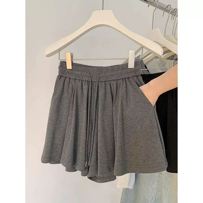 Серые широкие спортивные шорты для женщин, лето 2025, новые модные повседневные спортивные штаны с высокой талией и тонким шнурком в балетном стиле