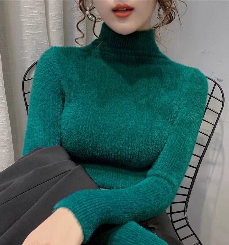 fleece-lined Thickened Turtleneck Mink Fleece Sweater Women's Short Autumn and Winter New Korean Style Inner Warm Clothes Knitted Base Shirt