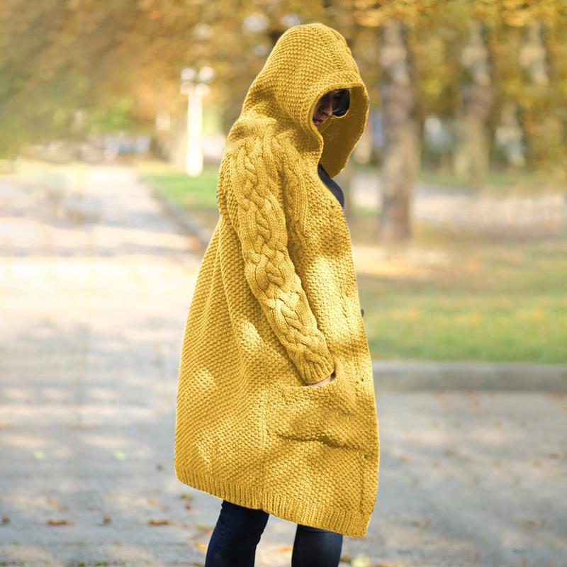 Women's Clothing autumn and winter thickened sweater cardigan hooded long knitted sweater large size women's coat thick _voghion.com