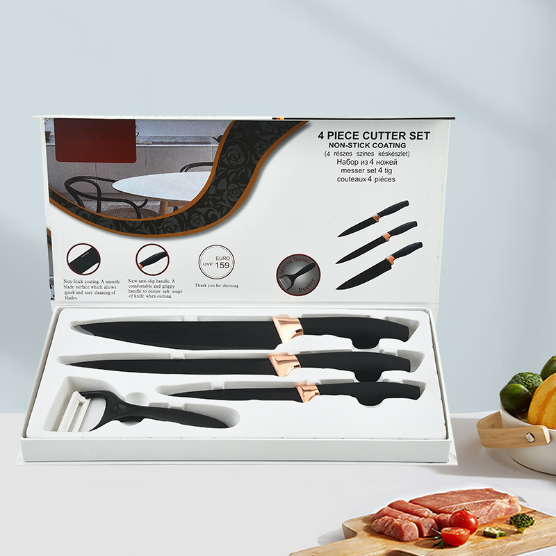 Comercio exterior en stock fábrica chapado en oro rosa cabeza grasa muñeca manejar conjunto de cuatro piezas hogar cocina cuchillo de corte vegetal caja de color