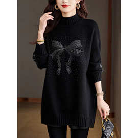 2024冬季新款设计感烫钻休闲慵懒毛衣中长款微胖藏肉黑色上衣女厚