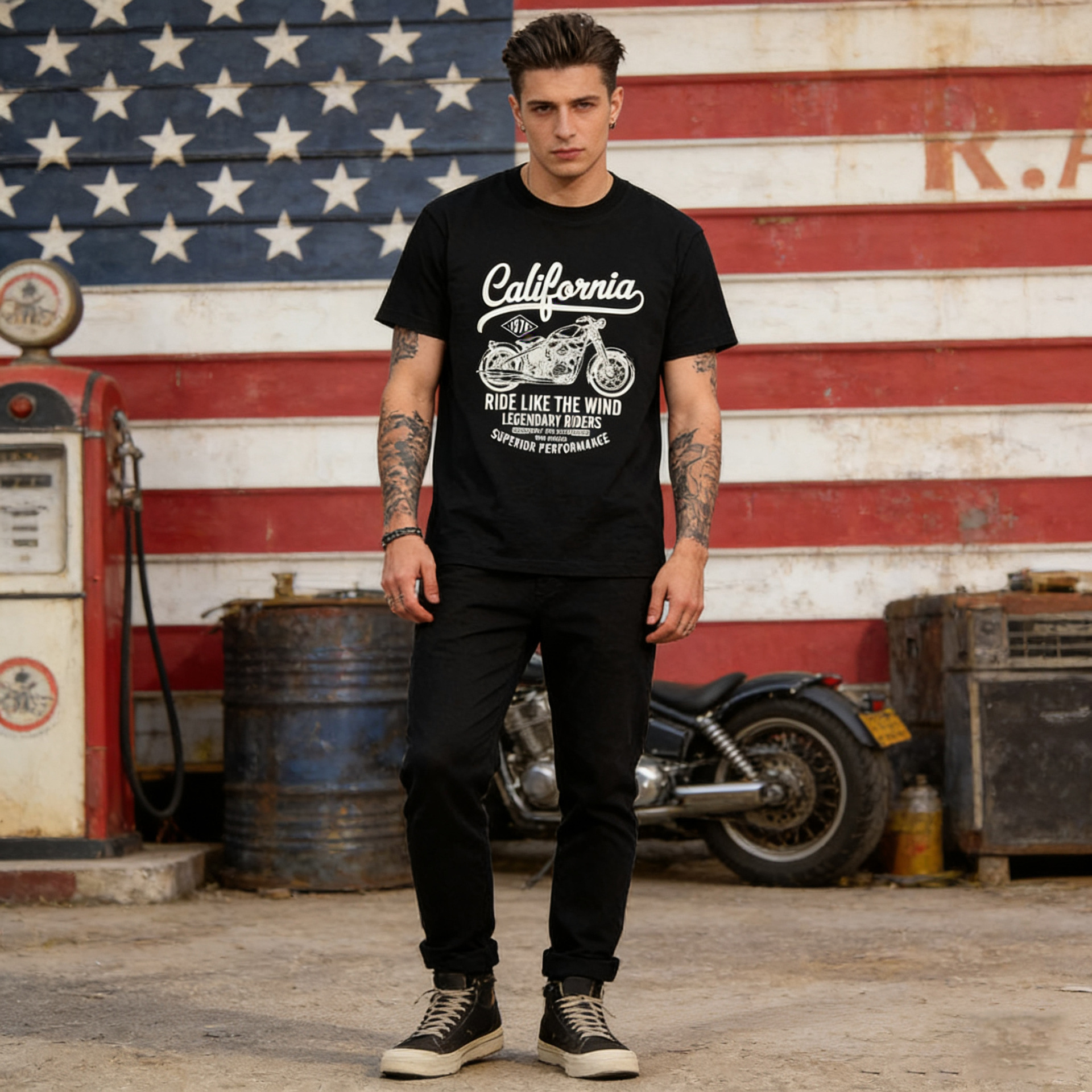 OKONKWO 2021SS nacional moda 1976 motocicleta impresa camiseta 200g hombres cuello redondo manga corta