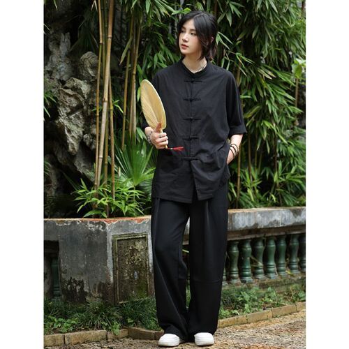 New Chinese Style Shirt: Zhongshan Suit for Men and Women, Summer Hemp Cotton Stylish Chinese Style Retro Five-Finger Middle Sleeve Collar Shirt Tang Suit