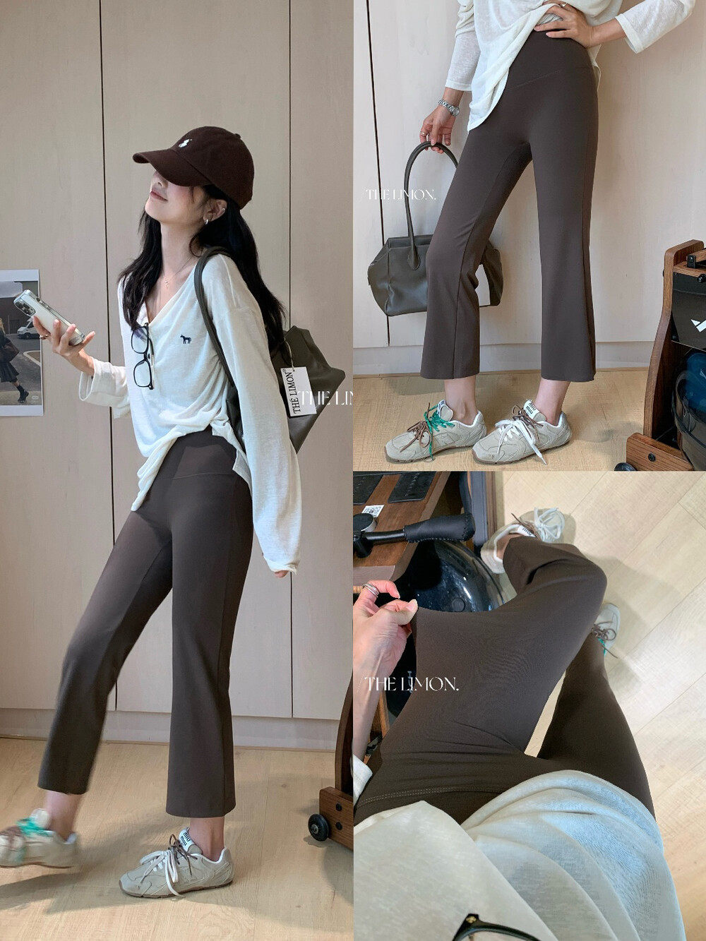 Quần legging yoga nữ cạp cao ống loe nhẹ dài 7 phân co giãn — màu đen, Màu cà phê, Xám khói chi tiết 28