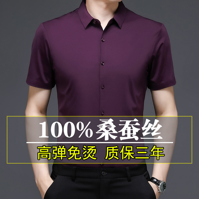High-End Short-Sleeved Shirt for Men, New Summer Style, Thin, Seamless, Pure Silk, High-End, Non-Iron, Stretchy Shirt