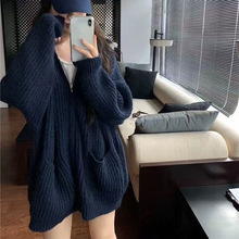 慵懒风翻领拉链双口袋中长款针织开衫秋季宽松显瘦休闲毛衣外套女