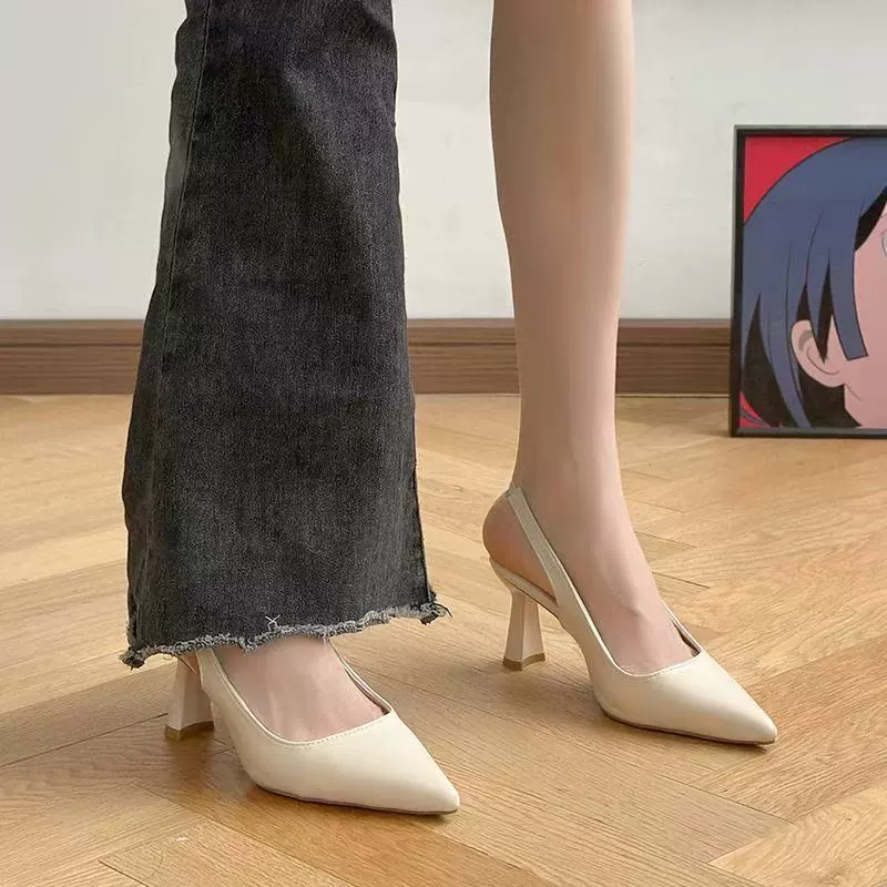 Новые женские туфли с острым носком и открытой спиной во французском стиле, летние босоножки с ремешком на щиколотке, модные женские туфли на высоком каблуке, средний каблук.