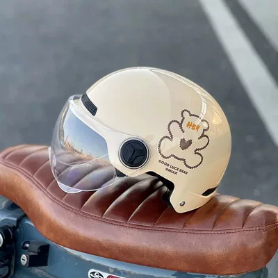 New certified electric vehicle helmet for Motosiklet kaskı (dəbilqə) - brown-bear-off-white-high-definition-transparent-short-lenses-3c-certified-rainproof-one-size-fits-all-unisex-head-circumference-53-60cm