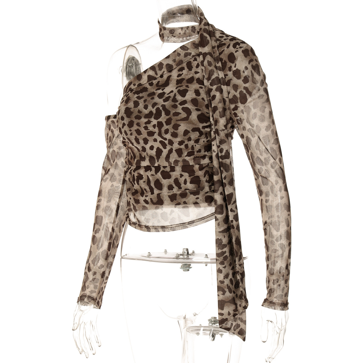Women lothing Leopard Print One Shoulder Cold Shoulder Long Sleeve Ribbon Slim Pleated T shirt Top