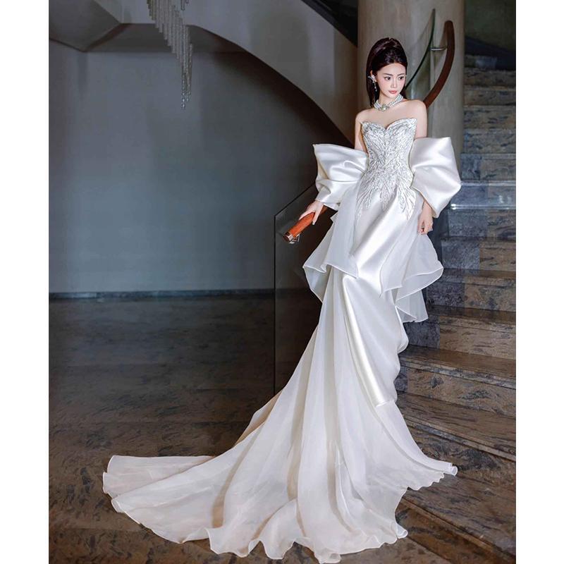 Fishtail Light Wedding Dress High-end Strapless Trailing Elegant Welcome Gauze Bride's Wedding Banquet Satin Dress French Style Fishtail Light Wedding Dress High-end Strapless Trailing Elegant Welcome Gauze Bride's Wedding Banquet Satin Dress French Style